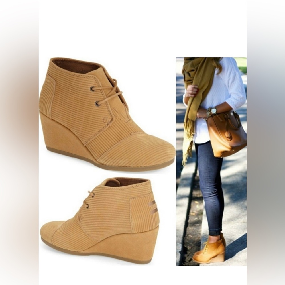 EUC - TOMS Brown Sugar Suede Corduroy Wedge Booties.  Size 9.5 Lace Up